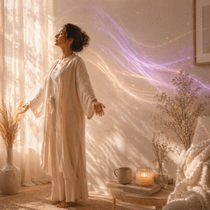 Woman relaxing as energy healing helps release inner tension and restore emotional balance.