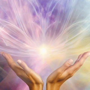 Light flowing between hands representing holistic energy work and personalized energy healing.