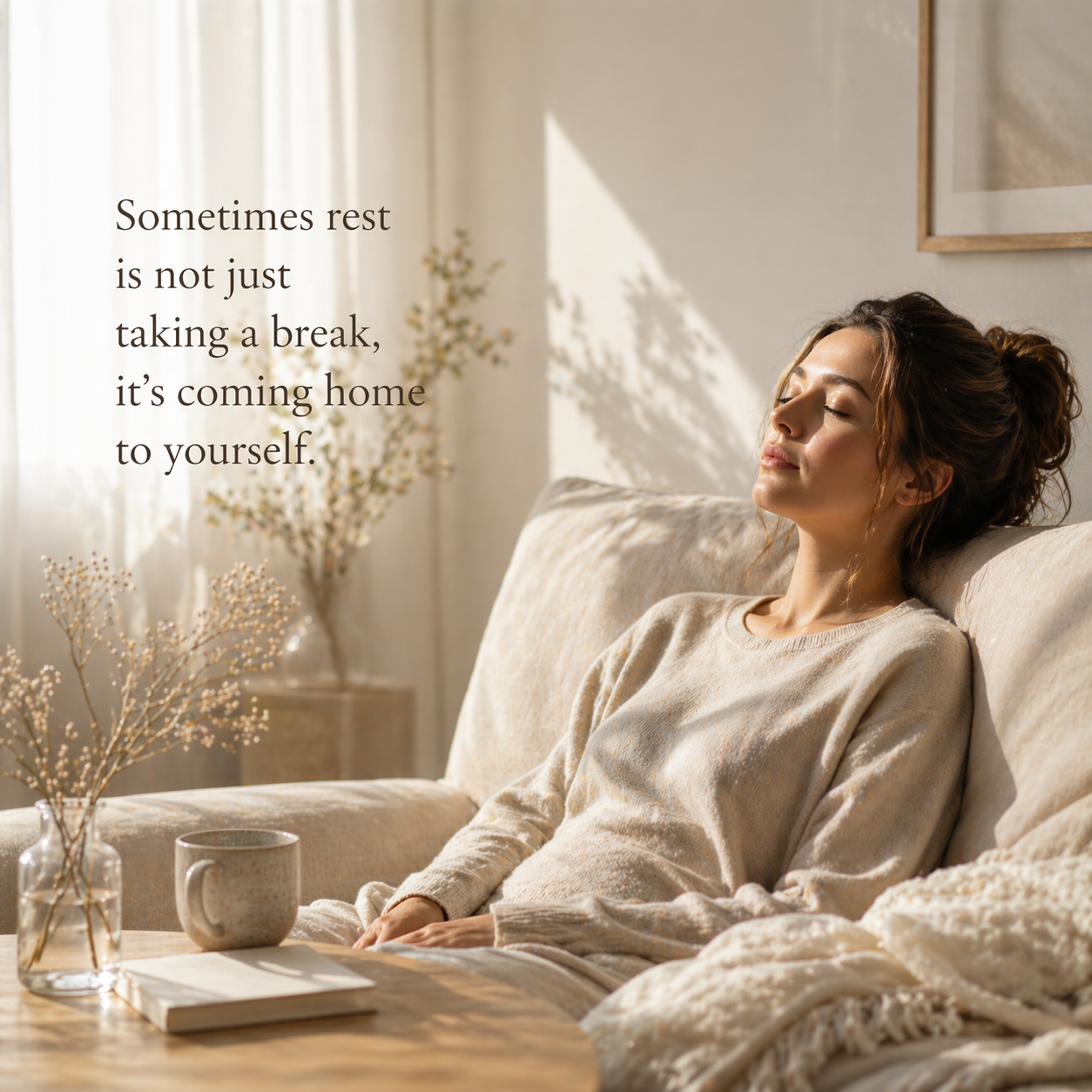 Woman resting on a sofa while experiencing emotional and physical exhaustion.
